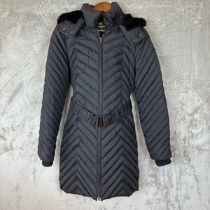 bebe Women’s Long Puffer Coat Black S Removable Fur Hood